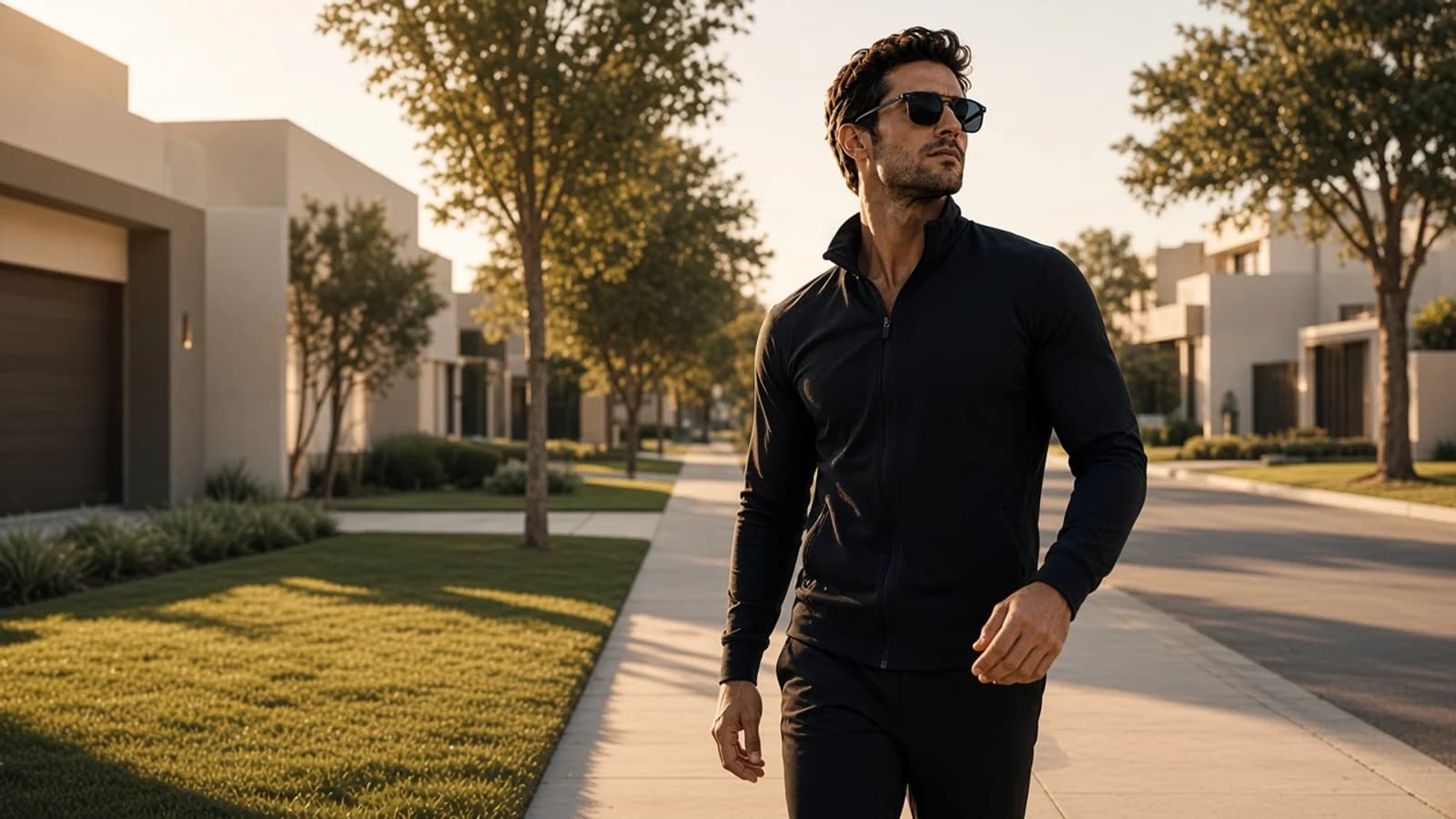 Man walking a quiet residential street